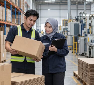 Carton box supplier and manufacturer professionals inspecting packaging in Malaysia