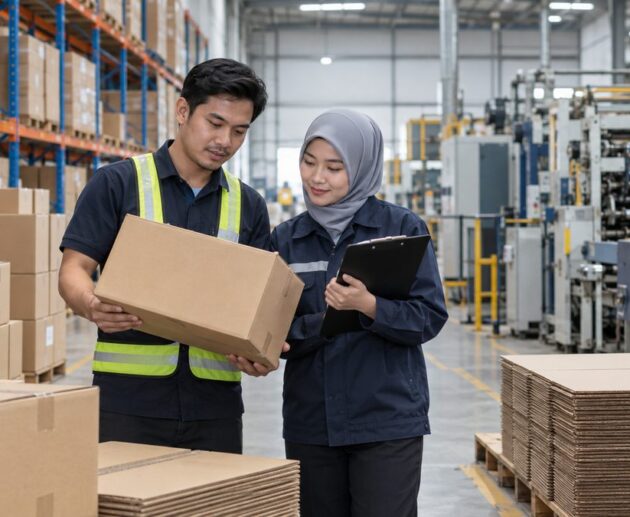 Carton box supplier and manufacturer professionals inspecting packaging in Malaysia