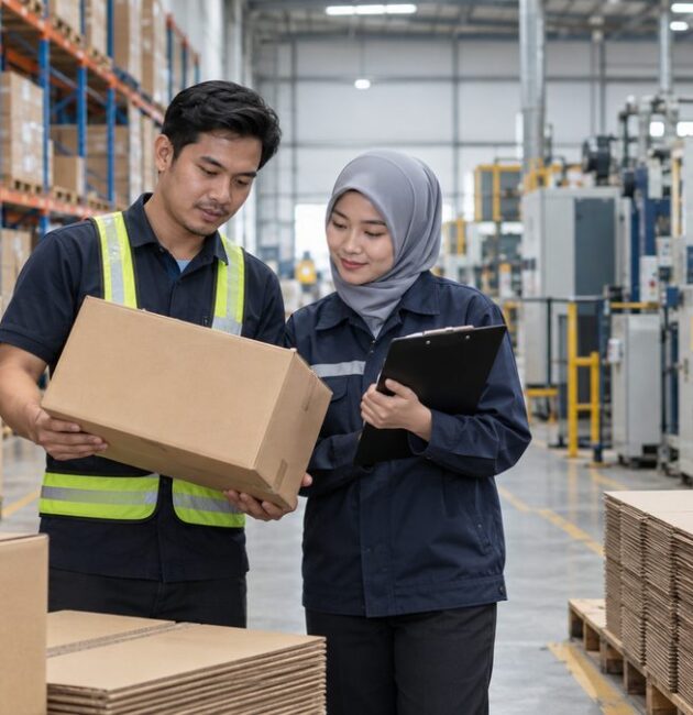 Carton box supplier and manufacturer professionals inspecting packaging in Malaysia