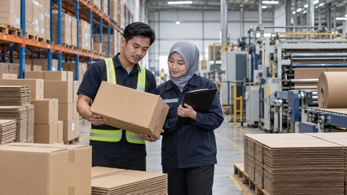Carton box supplier and manufacturer professionals inspecting packaging in Malaysia